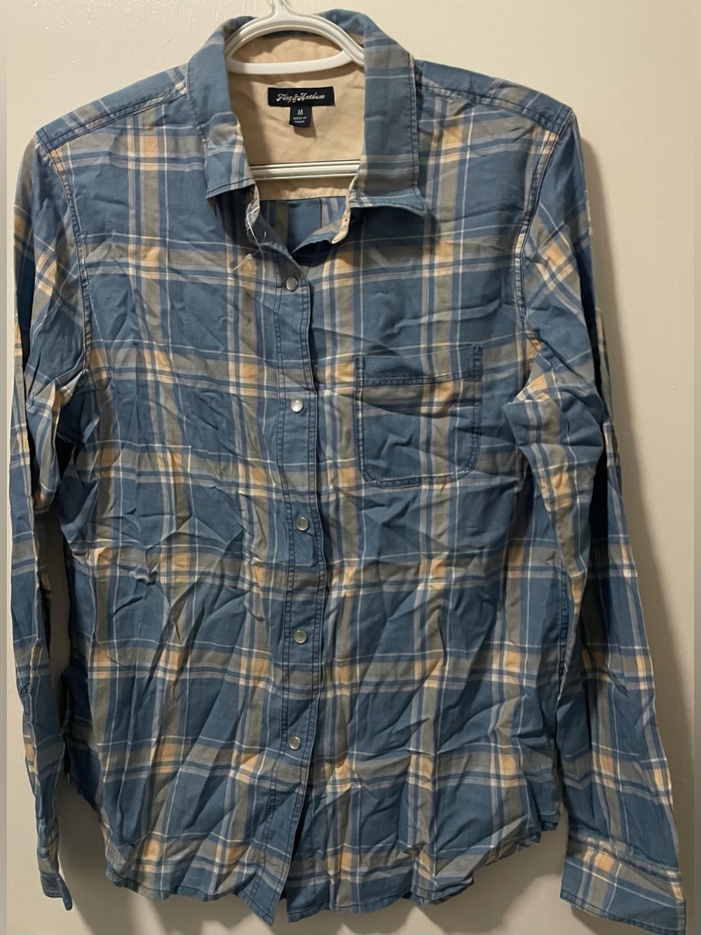 Flag & Anthem Women’s Blue Beige Long Sleeve Button Up Plaid Shirt Size Medium M